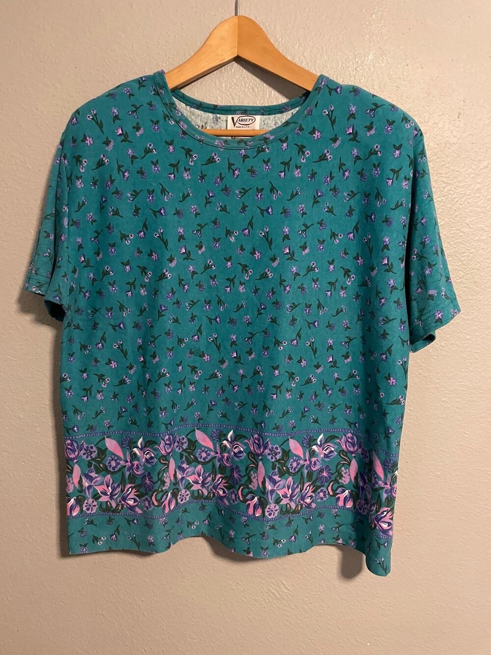 Vintage Womens Top Large Teal Floral Short Sleeve Cottagecore Grannycore 90s